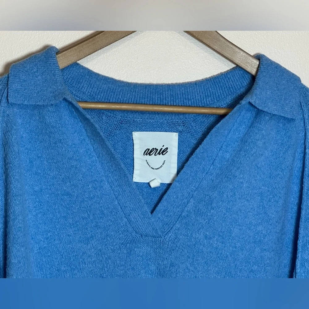 Aerie Oversized Blue unREAL V-Neck Baggy Collared Polo Sweater - Large - Picture 5 of 16